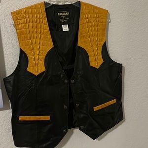 RODEO TIME. Black Leather Vest with Tan Leather Details. .
